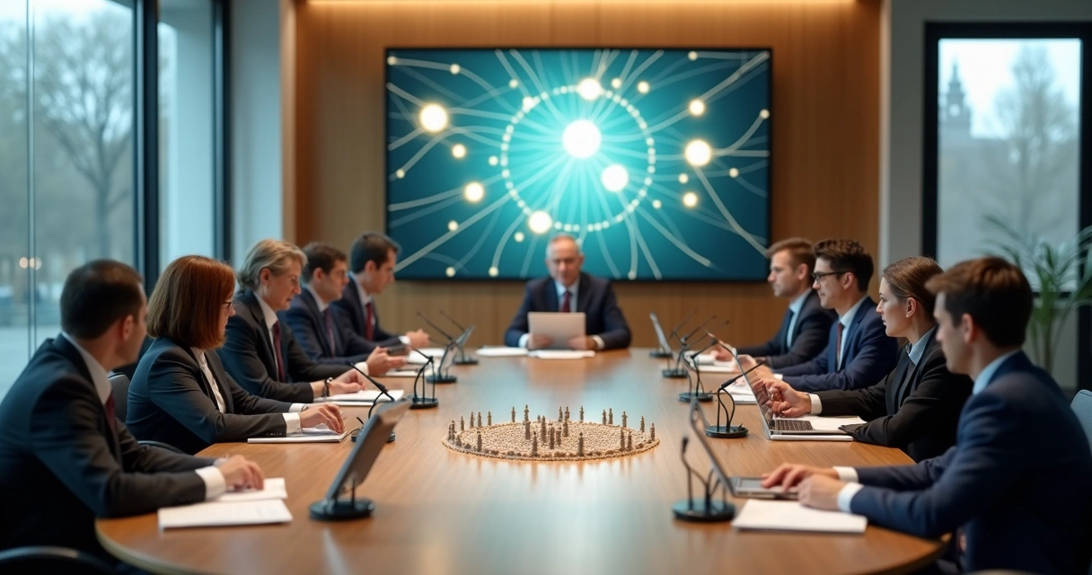 Reunião de tomada de decisão pública com representação de constelação sistêmica ao fundo 