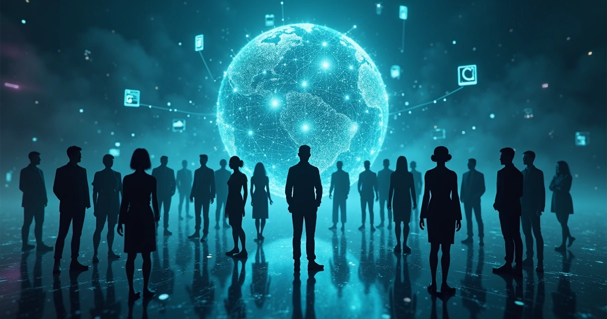 Rede de pessoas conectadas por luzes em um ambiente digital azul escuro 