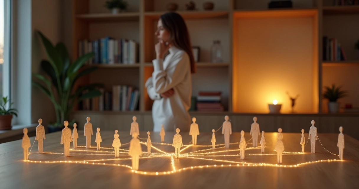 Pessoa observando representação sistêmica com figuras conectadas por linhas de luz 