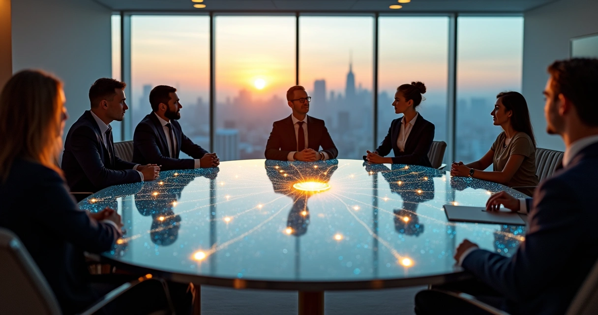 Equipe corporativa em círculo conectada por linhas luminosas 