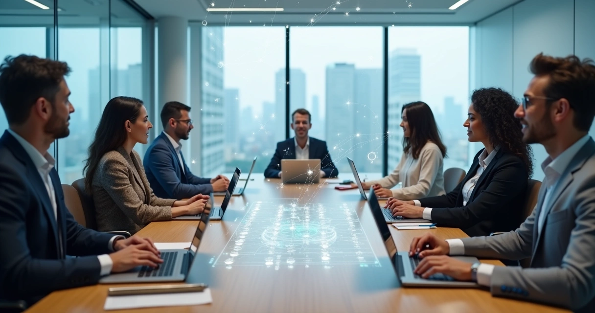 Equipe em reunião conectada por rede de linhas representando constelação sistêmica organizacional 