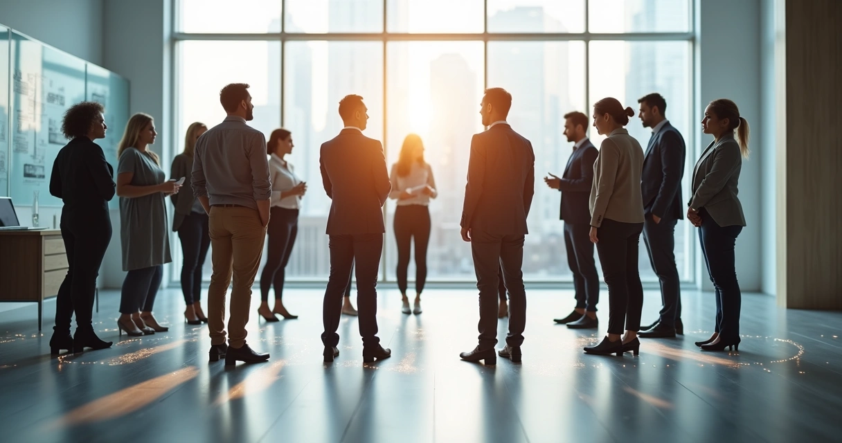 Reunião de equipe em círculo com silhuetas conectadas por linhas sutis 