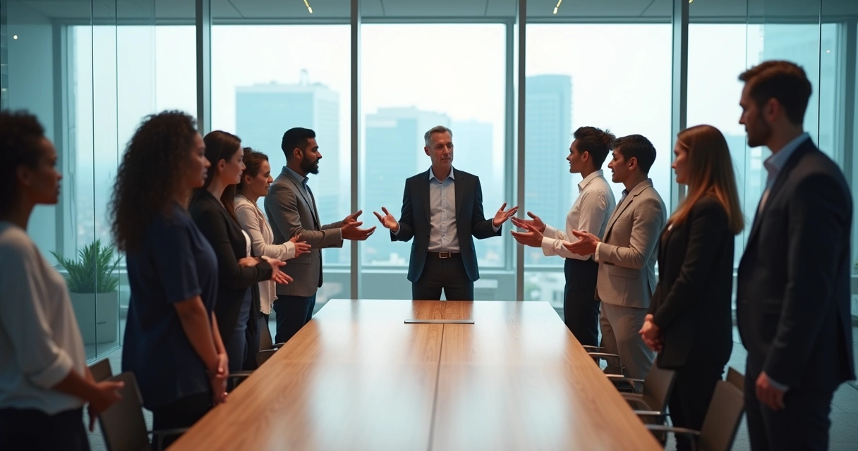 Equipe em reunião corporativa formando círculo com conexão visual e linhas sutis interligando pessoas 