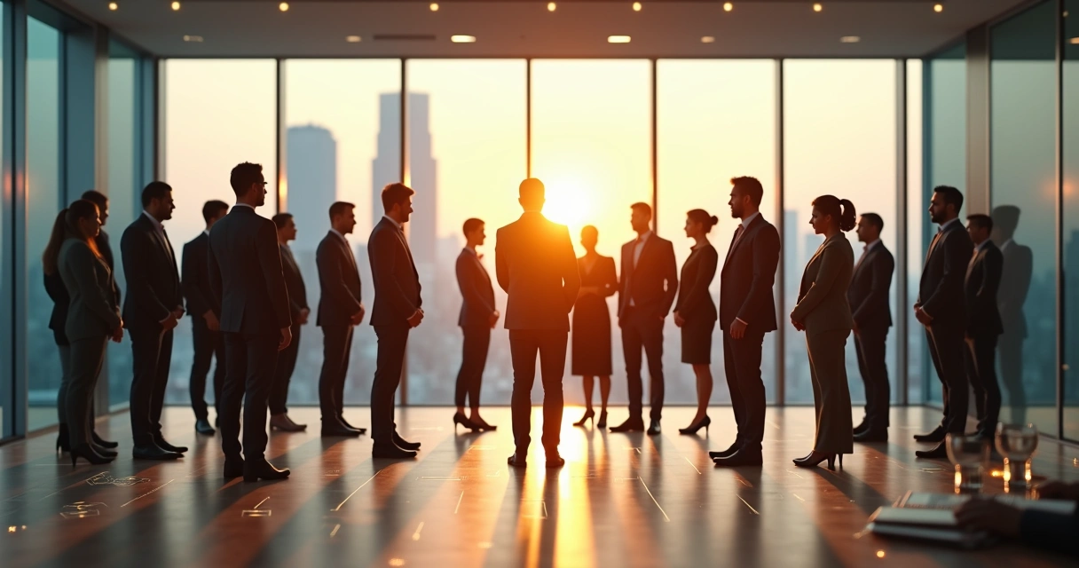 Equipe corporativa em círculo conectada por linhas iluminadas em escritório moderno 