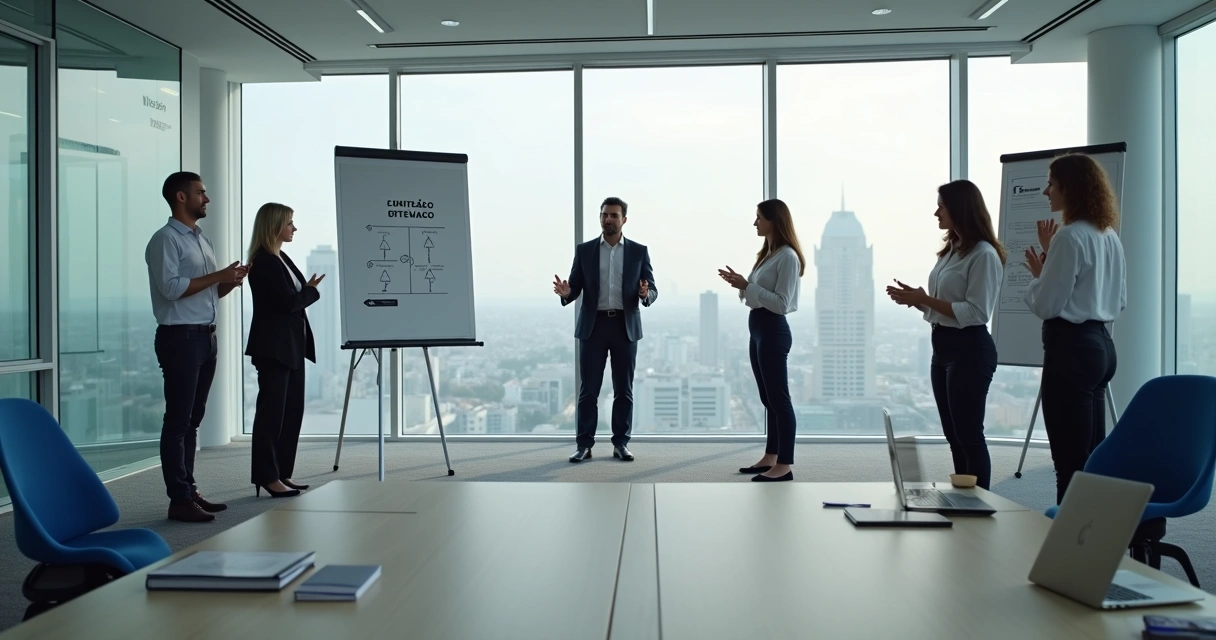 Consultor facilita dinâmica sistêmica com equipe em sala de reunião moderna 