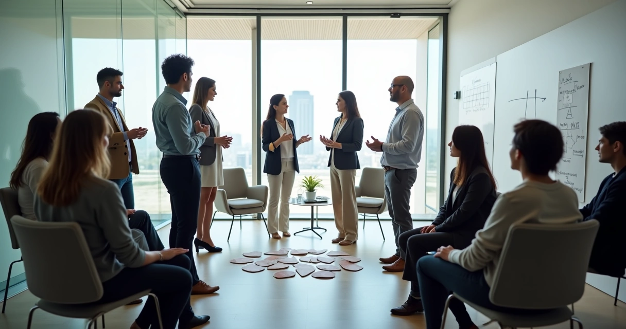 Facilitador conduz círculo de pessoas em constelação sistêmica empresarial 