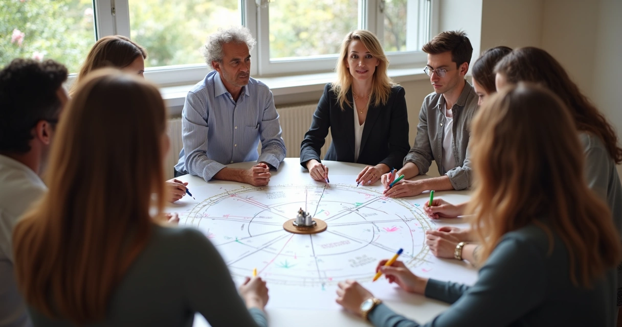 Equipes reunidas em círculo participando de atividade de constelação sistêmica 