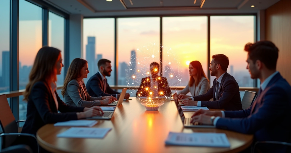 Equipe de negócios em reunião ao redor de mesa redonda com holograma de rede conectando pessoas 