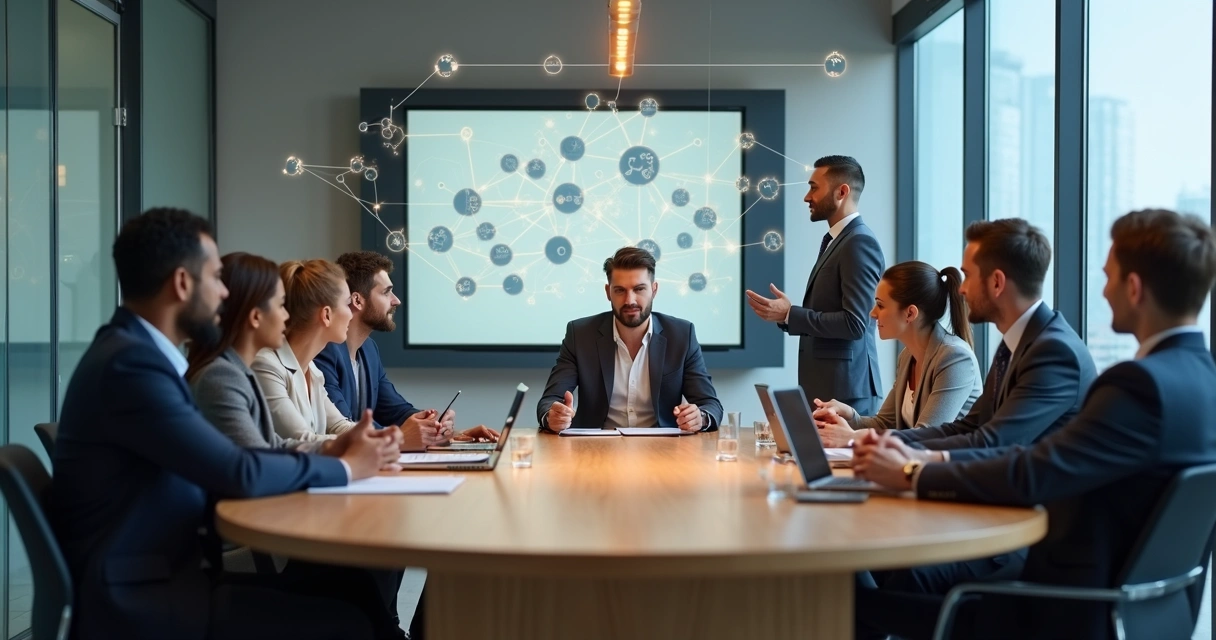 Equipe empresarial em reunião ao redor de mesa redonda conectada por linhas luminosas 