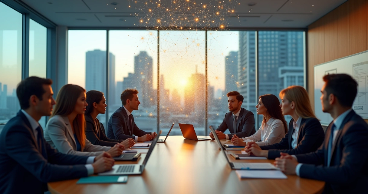 Líderes em reunião ao redor de mesa circular com holograma de conexões representando constelação sistêmica 
