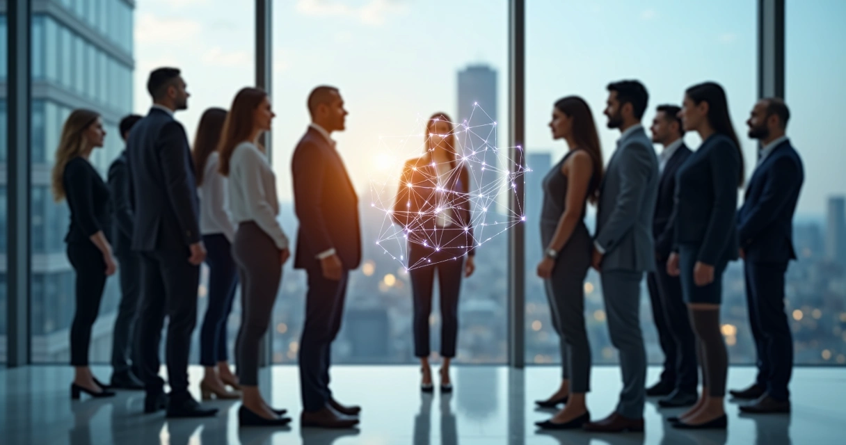 Equipe de negócios em círculo com conexões luminosas entre eles 