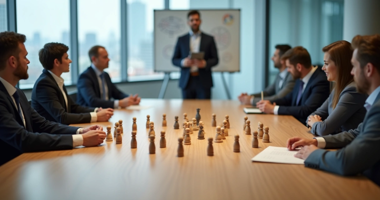 Reunião empresarial com dinâmica de constelação sistêmica usando bonecos em círculo sobre a mesa 