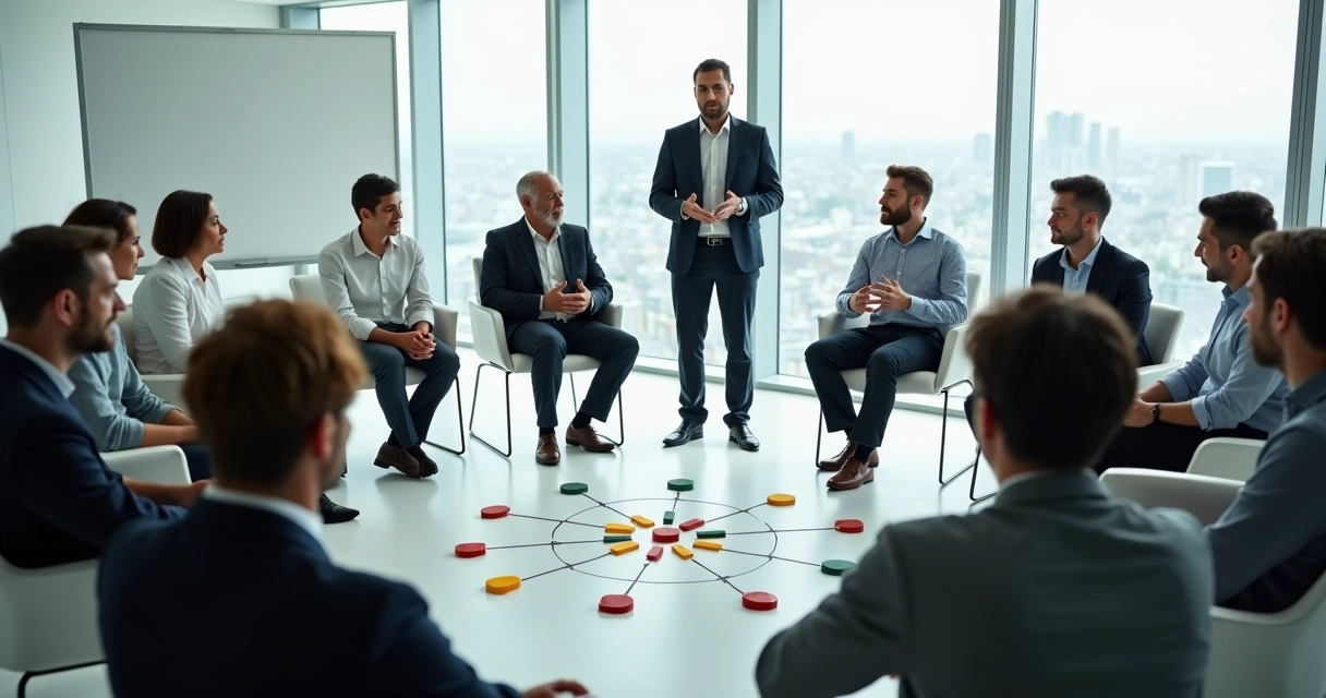 Líder facilitando constelação sistêmica em reunião corporativa com equipe em círculo 