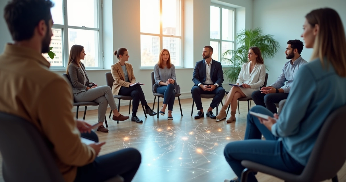 Equipe em círculo com silhuetas conectadas por linhas sutis 