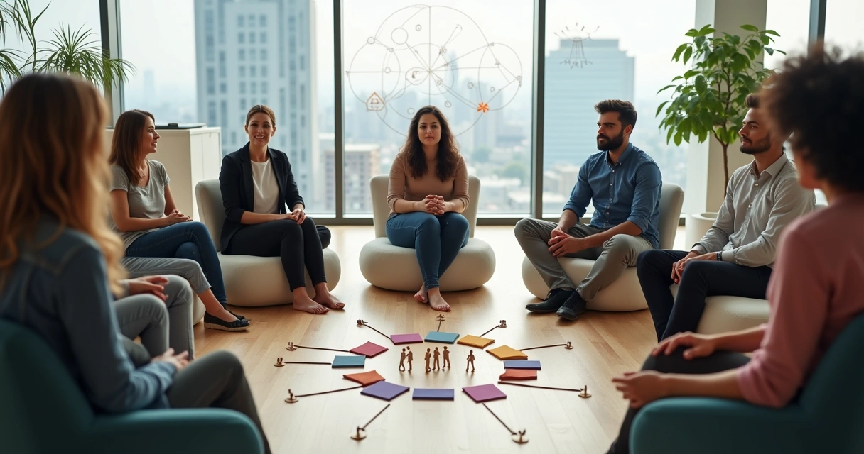 Equipe diversa em círculo praticando constelação sistêmica em ambiente de trabalho moderno 