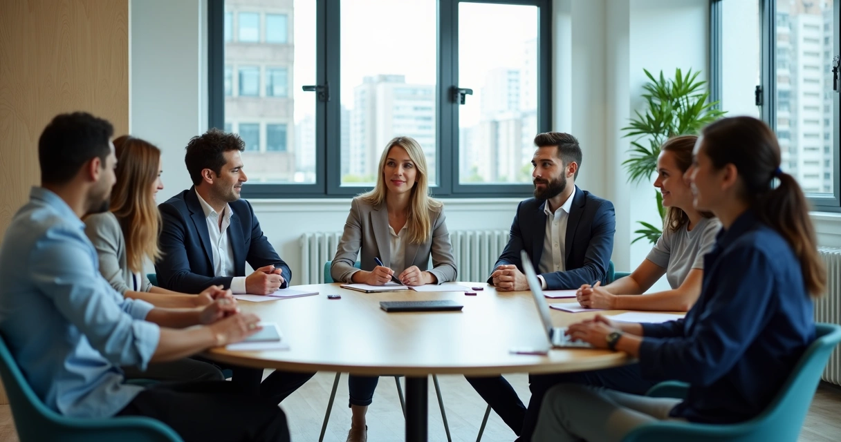 Equipe em reunião em círculo com sobreposição de constelação sistêmica 