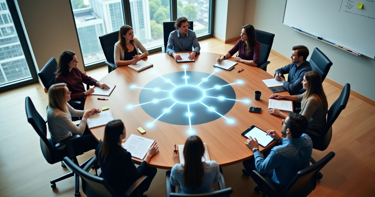 Equipe em círculo vista de cima conectada por linhas iluminadas 