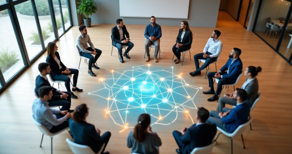 Equipe em círculo conectando pontos de uma constelação estilizada no chão 