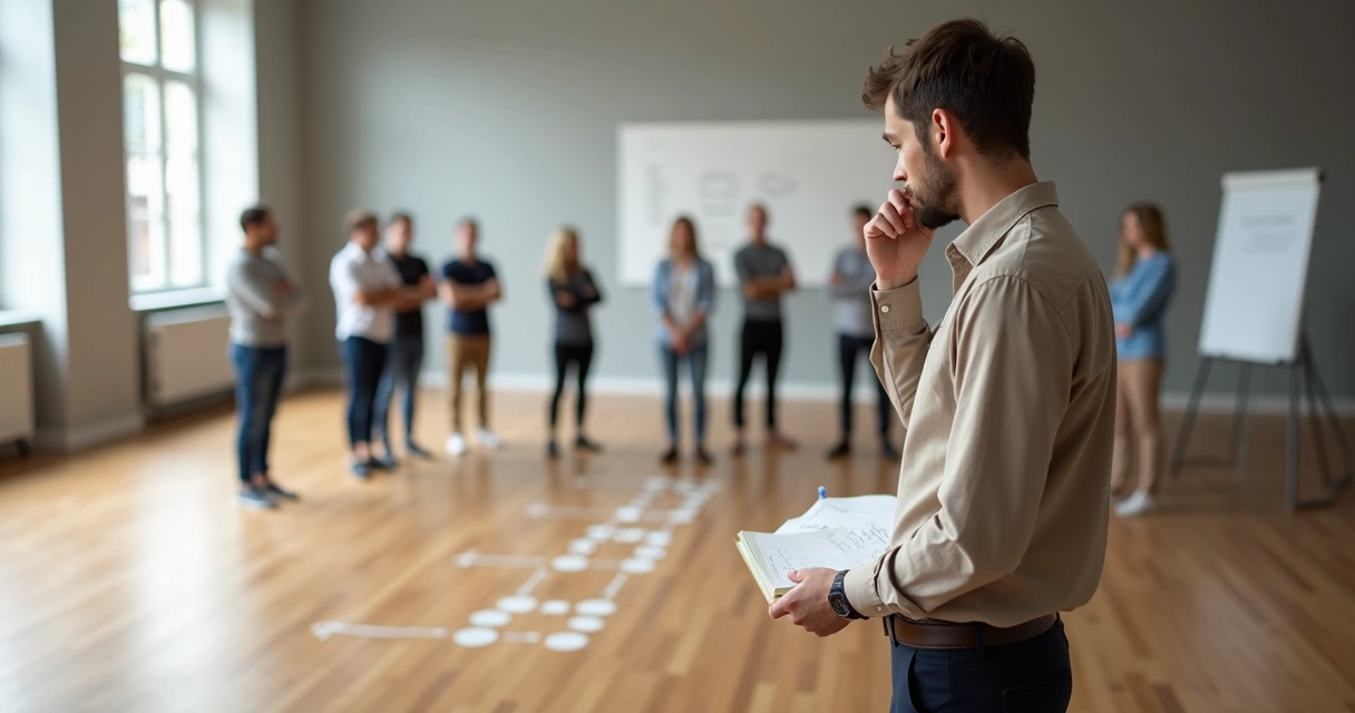 Facilitador em dúvida diante de grupo representando constelação sistêmica em caminhos diferentes 