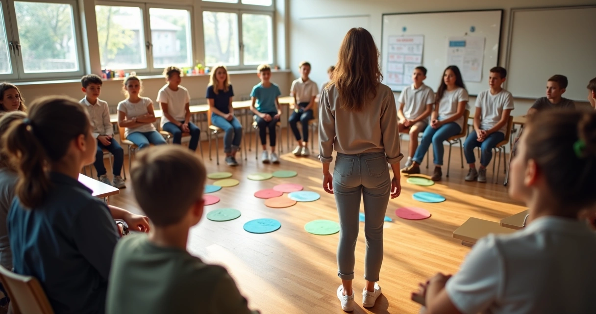Facilitadora conduzindo constelação sistêmica com alunos em círculo na sala de aula 
