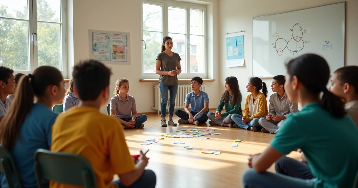Círculo de alunos e professora em atividade de constelação sistêmica na sala de aula 