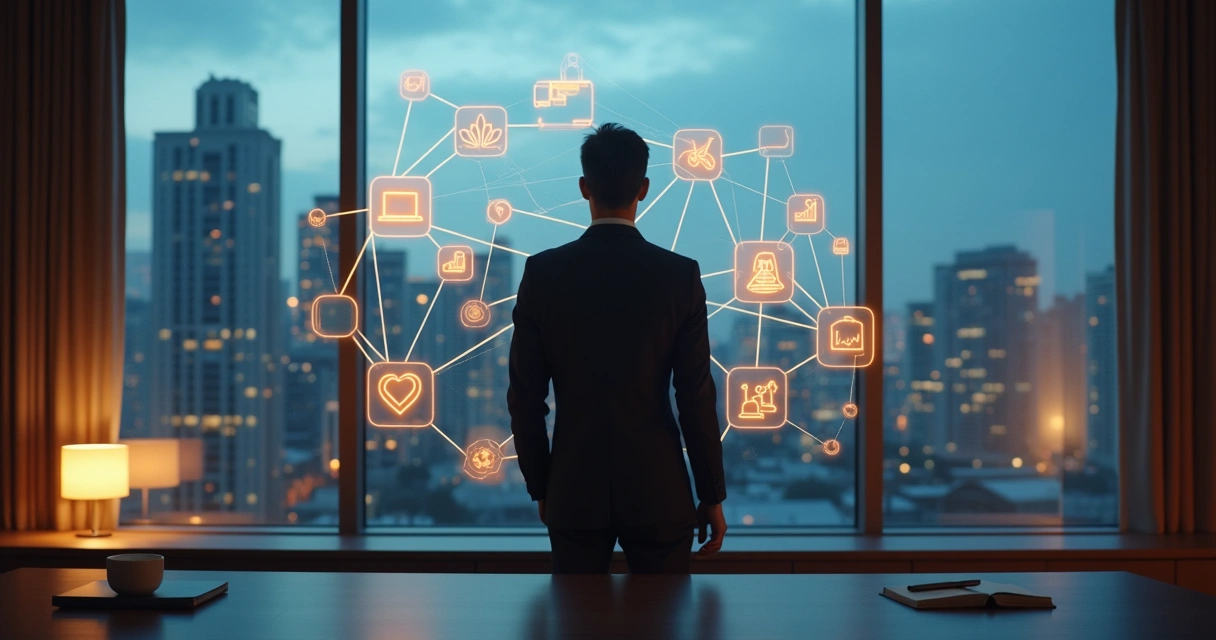 Profissional escolhendo caminhos de carreira diante de painéis conectados por linhas 