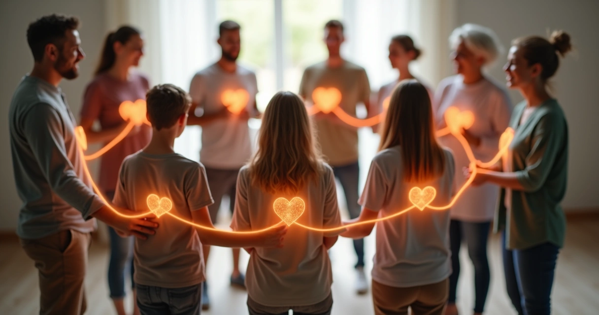 Pessoas de várias idades em círculo, conectadas por linhas brilhantes 