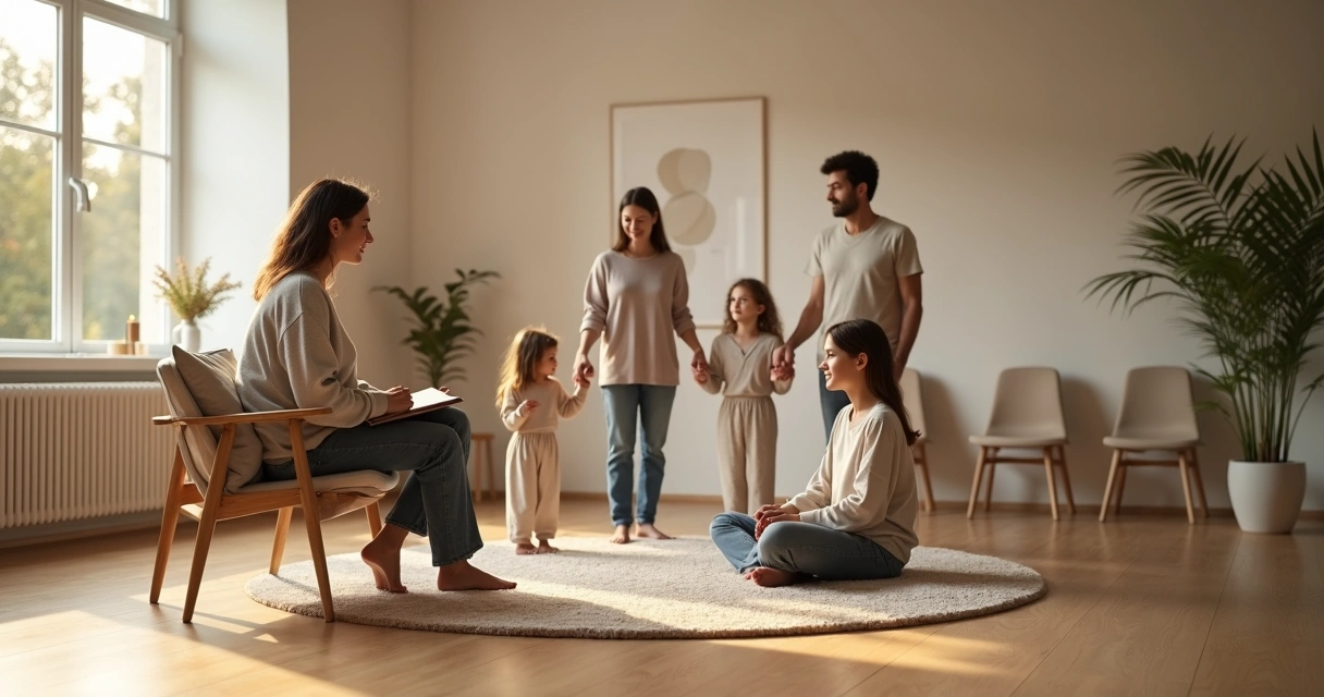 Facilitadora conduz círculo de constelação sistêmica com família de mãos dadas 