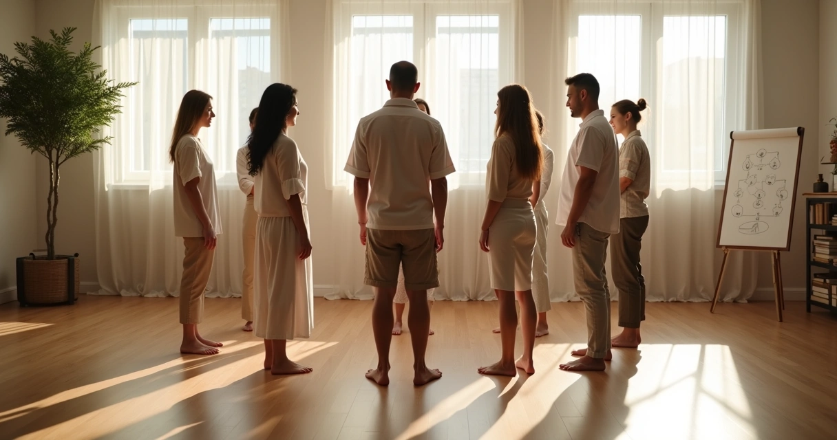 Facilitador conduz círculo de constelação sistêmica com família em sala iluminada 