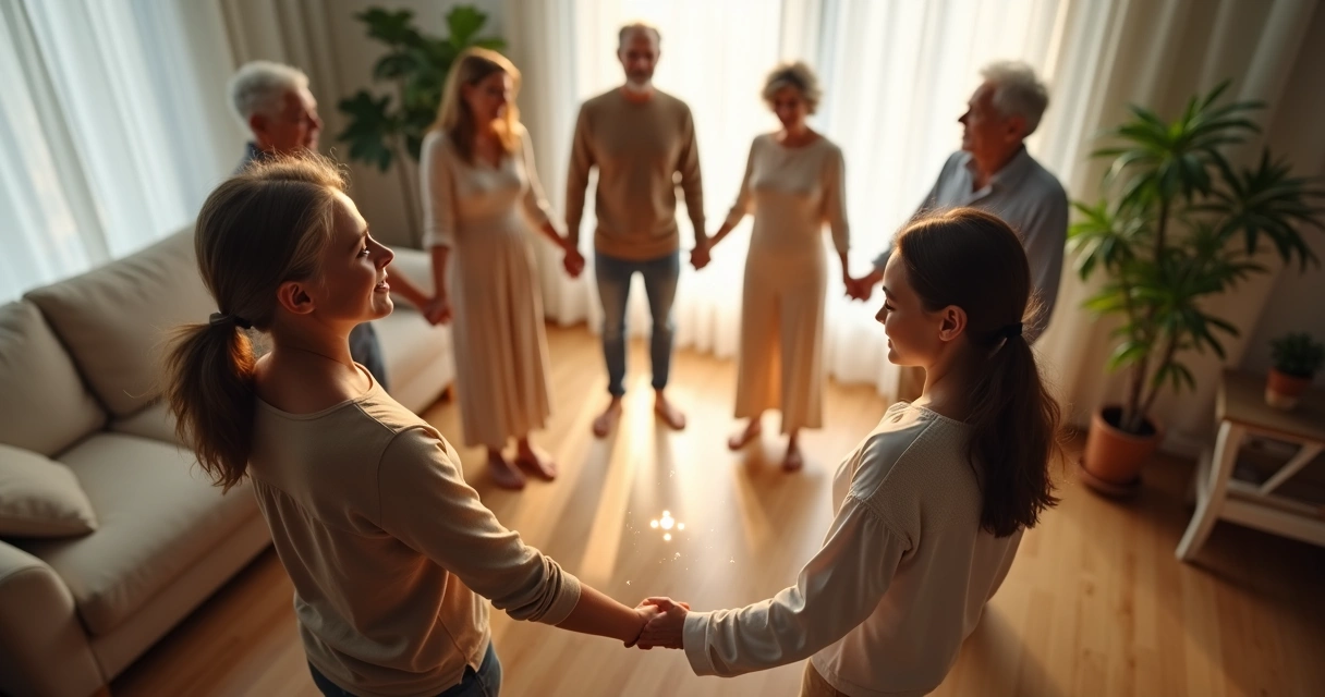 Família de mãos dadas em círculo com luz conectando entre eles 