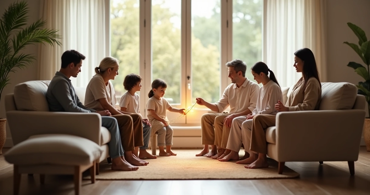 Família em círculo unida por fio de luz representando constelação sistêmica 
