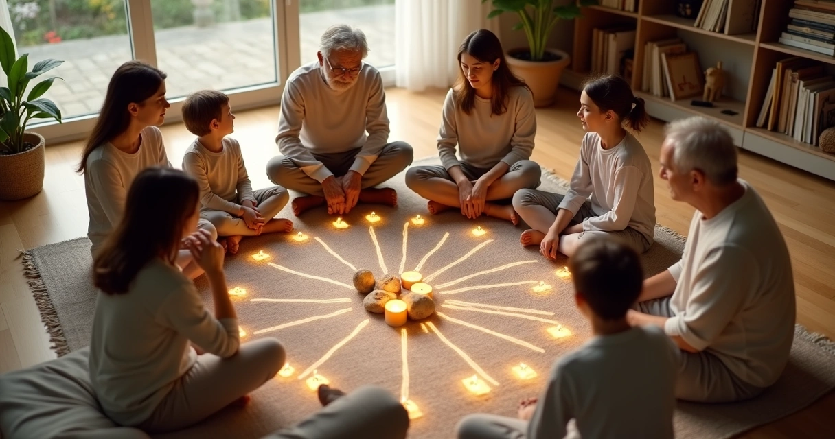 Família em círculo vista de cima conectada por linhas de luz 