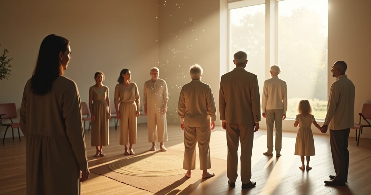 Representação visual de gerações de uma família conectadas por fios de luz 