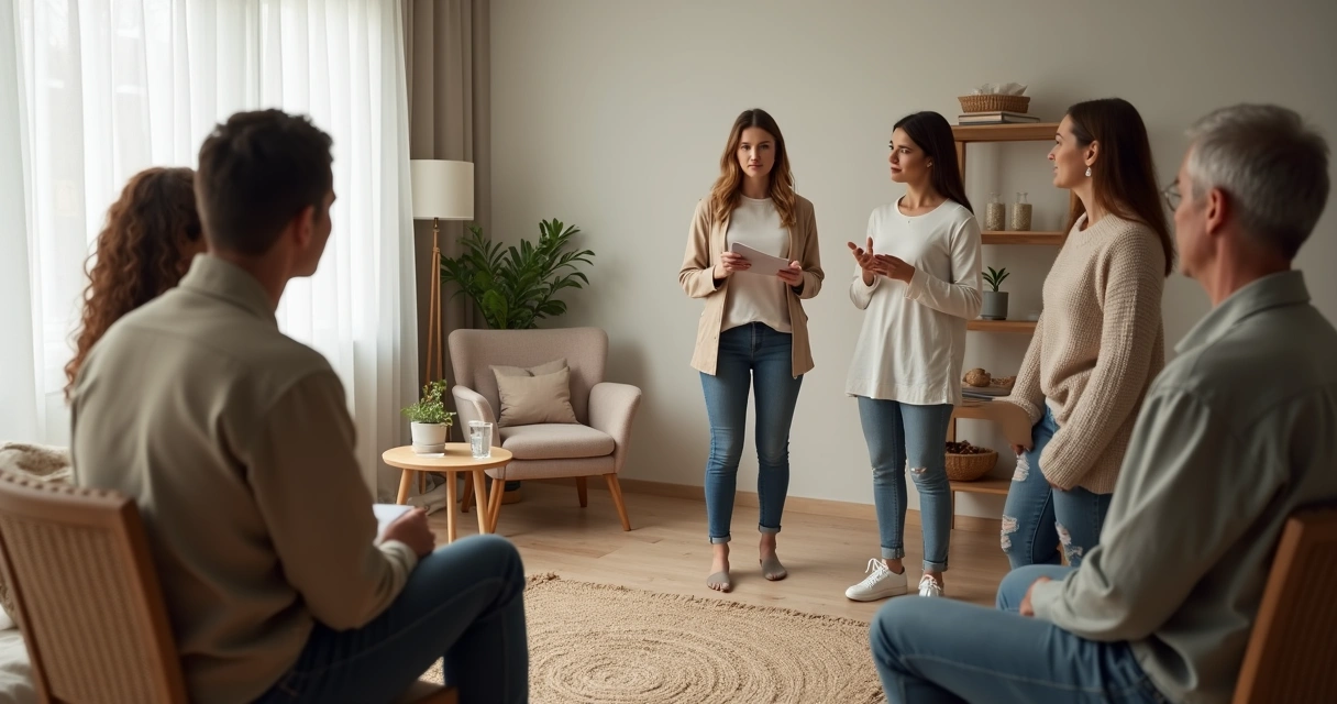 Facilitadora conduz constelação sistêmica com família em círculo em sala acolhedora 