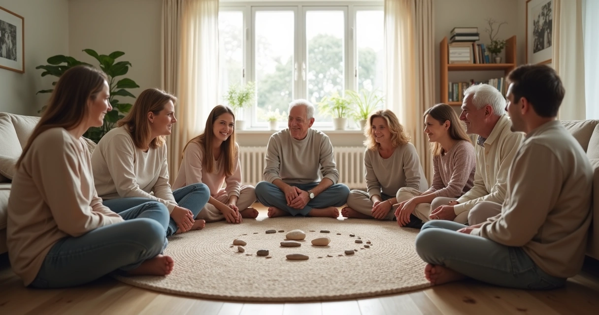 Família em círculo na sala de estar participando de constelação sistêmica 