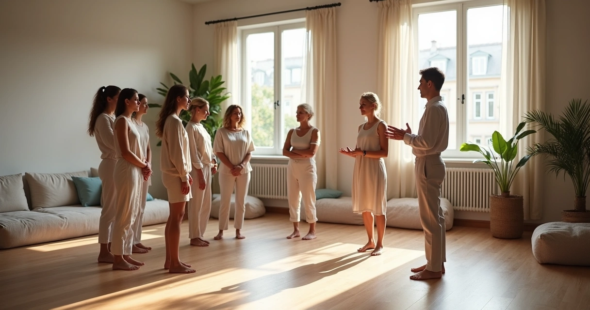 Círculo de pessoas em constelação familiar com facilitador guiando a dinâmica 