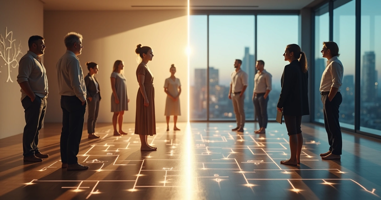 Painel dividido mostrando constelação familiar de um lado e organizacional do outro 