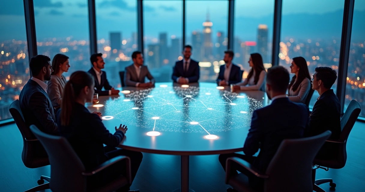 Líder facilitando equipe em círculo com conexões iluminadas representando constelação sistêmica 