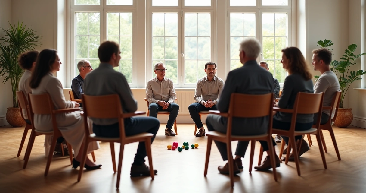 Grupo de pessoas sentadas em círculo realizando uma dinâmica de constelação sistêmica