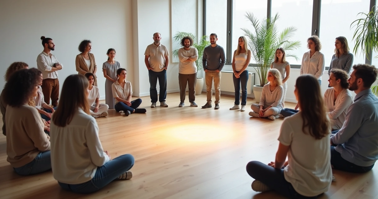 Grupo em círculo participando de constelação sistêmica com campo central iluminado 
