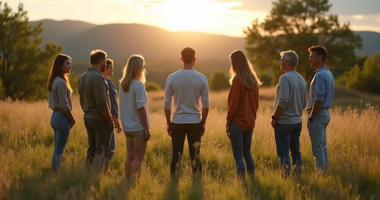 Grupo em círculo ao ar livre em dinâmica de constelação sistêmica 