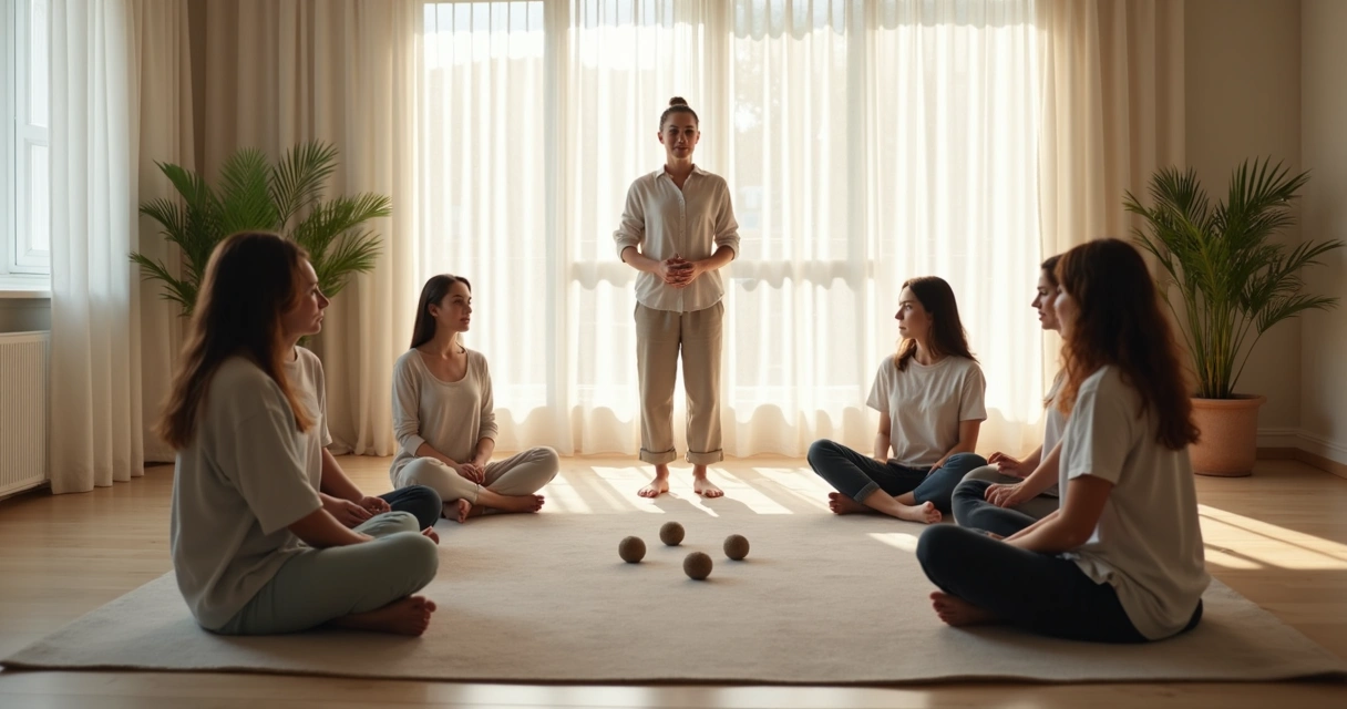 Grupo em círculo em sessão de constelação sistêmica com facilitador ao centro 