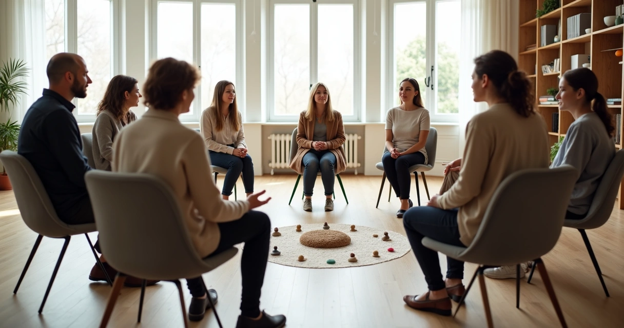 Grupo em círculo em sessão de constelação sistêmica com figuras em centro iluminado 