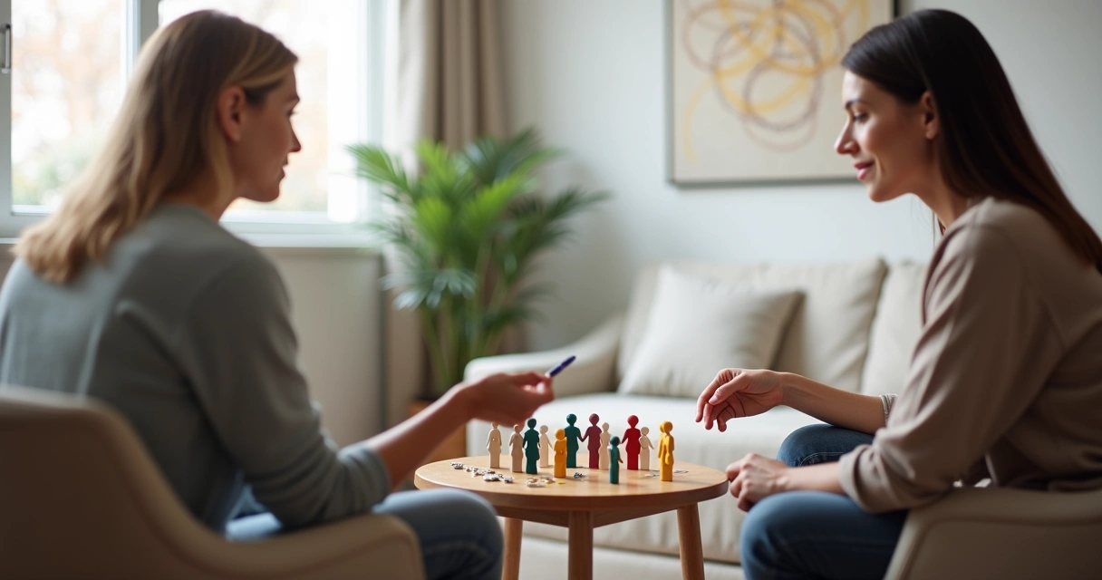 Pessoa em sessão individual de constelação sistêmica com terapeuta apontando para figuras em círculo 