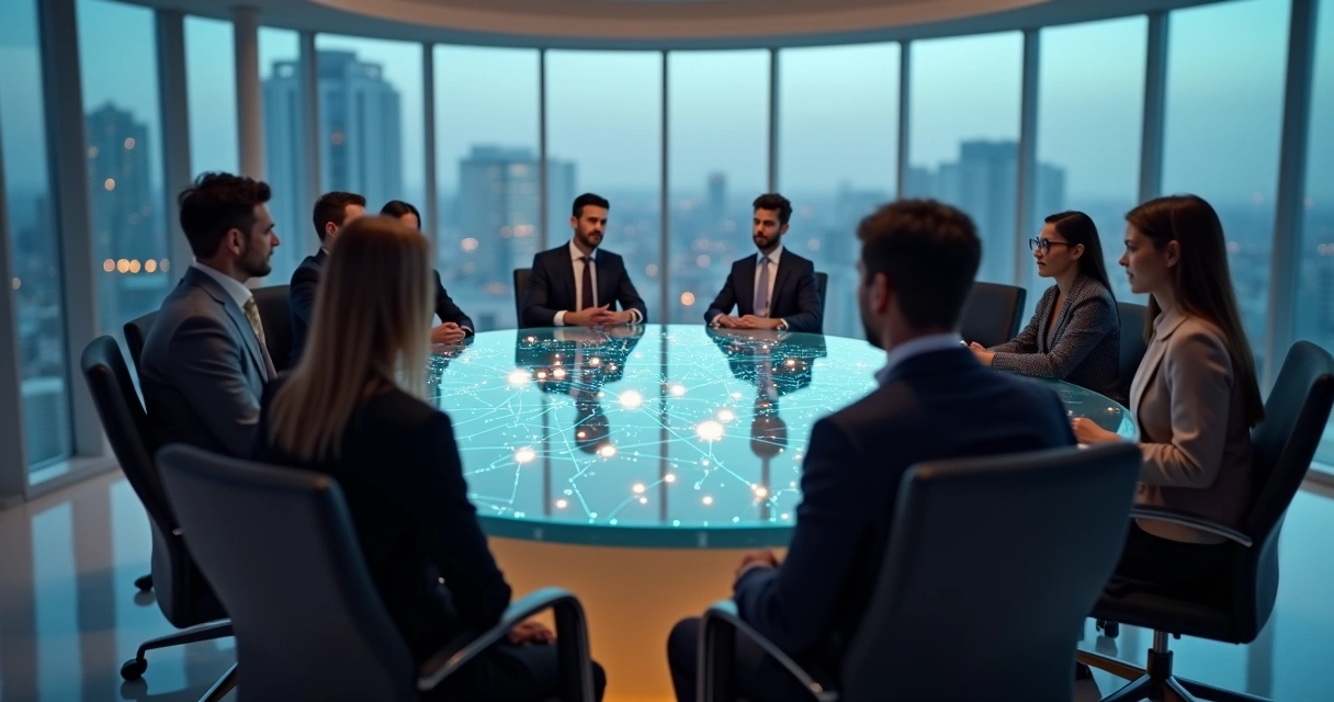 Executivos em mesa redonda conectados por rede luminosa representando constelação sistêmica e inovação 