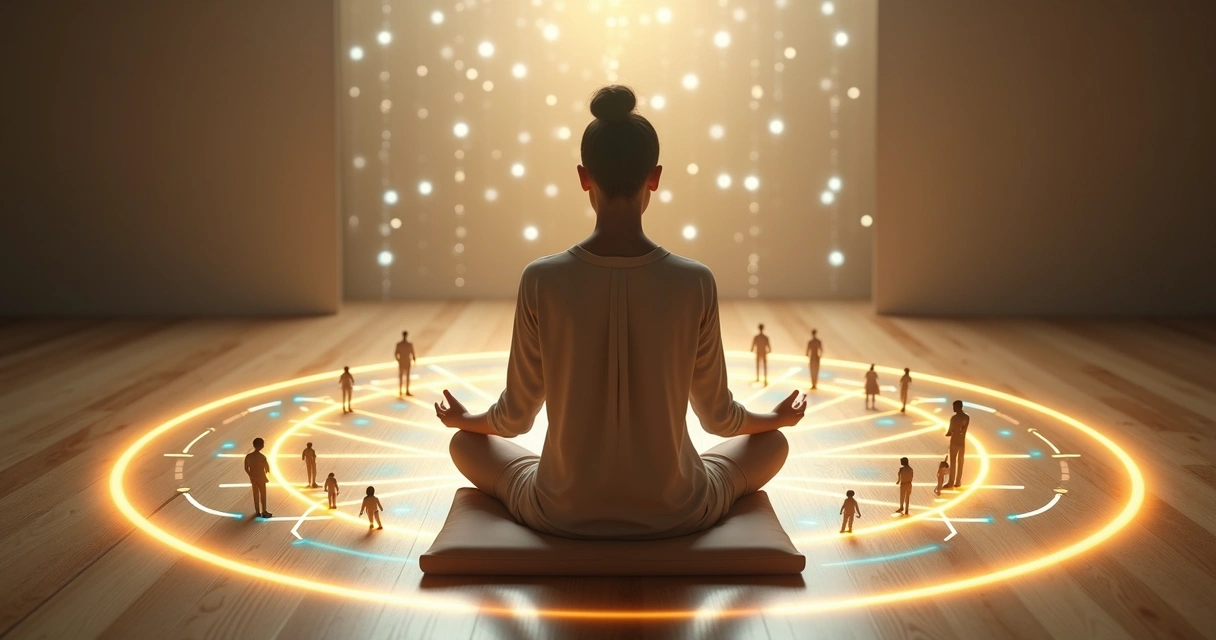 Pessoa em meditação ao centro de círculo com conexões de energia e símbolos sistêmicos 