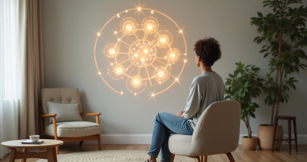 Pessoa em sala tranquila olhando mandala luminosa que representa constelação sistêmica integrativa 