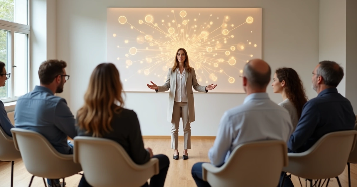 Facilitadora conduz círculo de constelação sistêmica integrativa com profissionais em sala moderna 