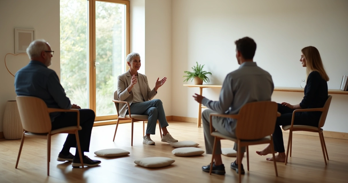 Terapeuta conduz sessão de constelação sistêmica com clientes em círculo 