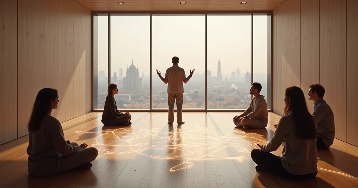 Facilitador conduz círculo de constelação sistêmica com figuras humanas conectadas por linhas de luz 